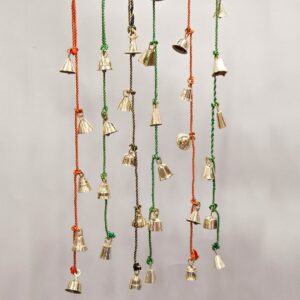 Celestial goddess string bells, various colors of string with multiple brass bells hanging from each one